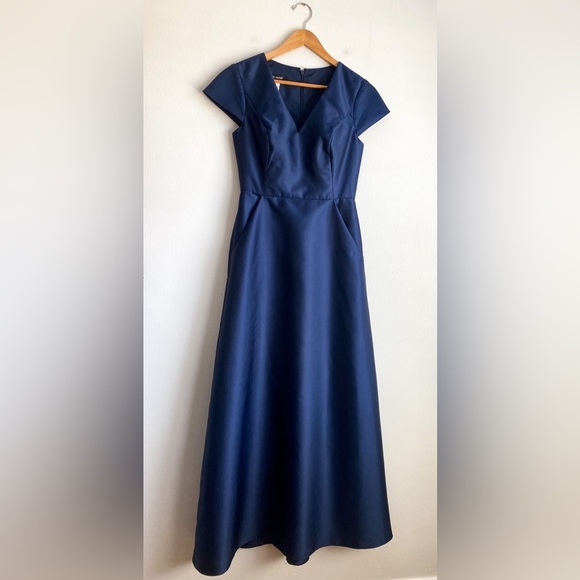 Alfred Sung Navy Satin Ball Gown Maxi Wedding Dress Prom Red Carpet Designer 4 - Picture 5 of 11